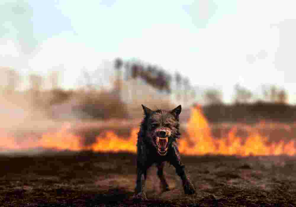 fire behind angry dog