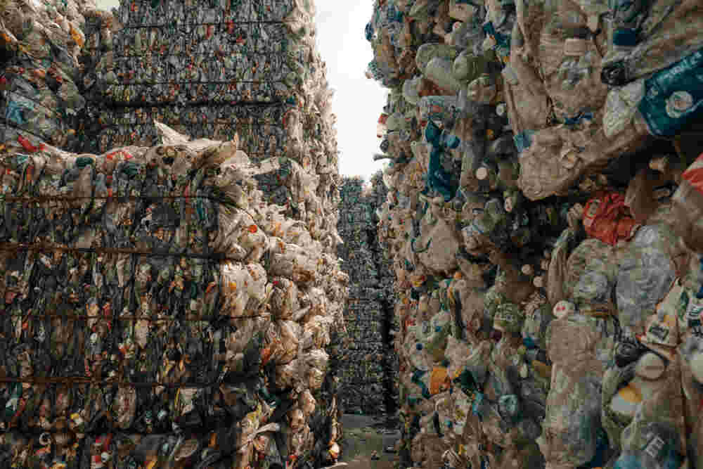 Plastic PET bottles ready to be sorted and recycled