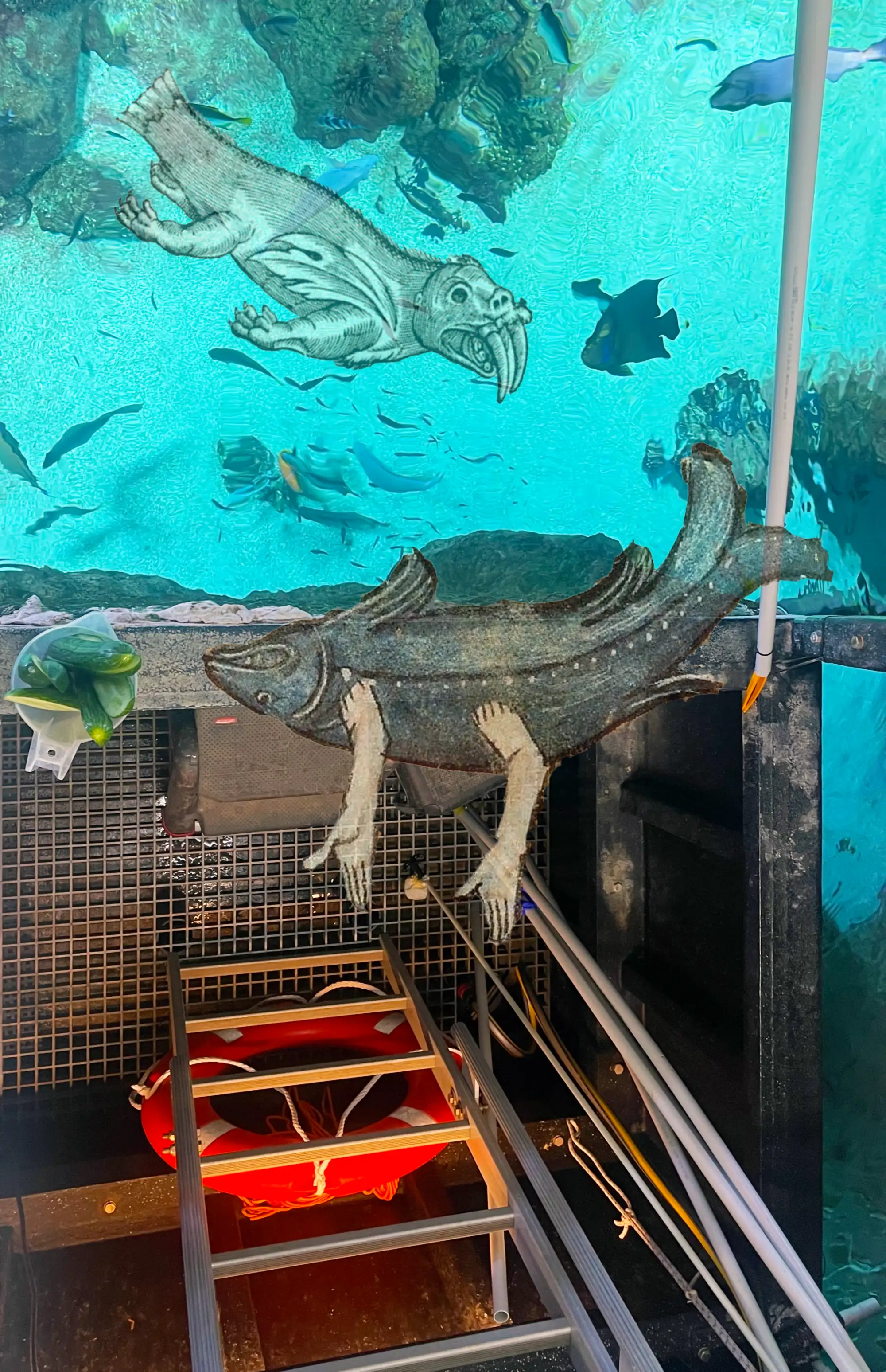 Collage mit Aquarium im Hintergrund, in dem gezeichnete Fabelwesen schwimmen