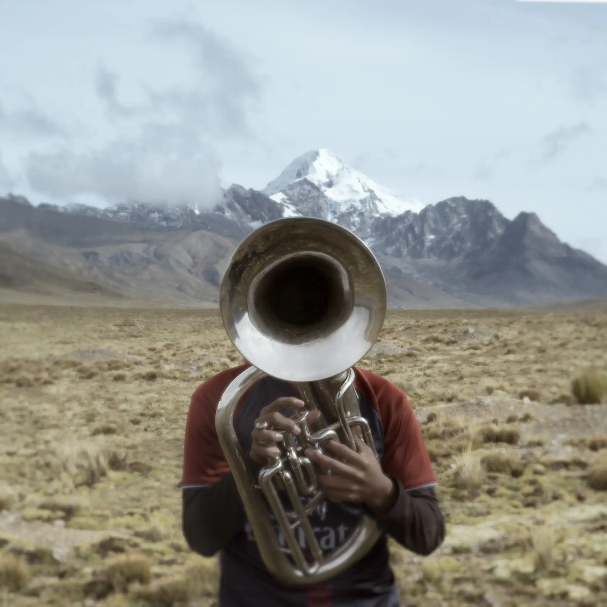 Eine Person, hinter einem Blasinstrument, vor einem Schneebedeckten Gipfel